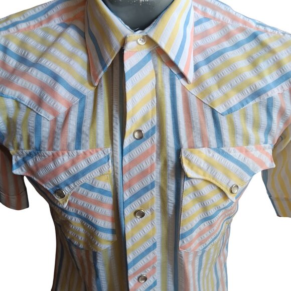 Small Vintage Bar C Ranchwear Long Tail Western Cowboy Pastel Striped 1980's USA - Picture 1 of 7